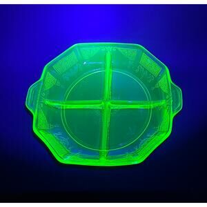 Uranium Glass Divided Serving Dish, VTG 30s UV Glow Princess Pattern 8.5 x 7.5